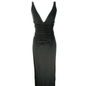 Maria Bianca Nero Solid Black Silk Ruched Plunge Halter Knee Length Dress P Xs